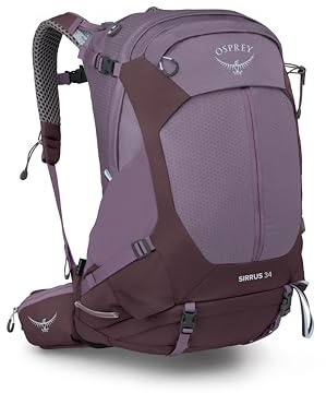Osprey Sirrus 34L Damen Wanderrucksack Campingtasche mit wasserdichtem Regenschutz, Flaschentaschen & Ausrüstungsgurten, Purple Dusk