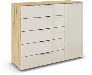 Rauch Möbel Flipp, Kommode, Farbe Glas Beige/Eiche Artisan, Breite 120 cm | Sideboard, 1-türig, 5 Schubladen, Soft-Close-Funktion, für Schlafzimmer, Gästezimmer, Wohnzimmer, Garderobe, Flur