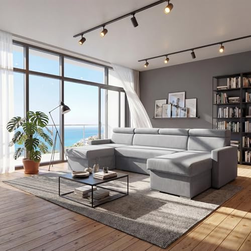 SOFILAND Vega U Ecksofa nach Maß | Breite anpassbar | Schlaffunktion 2 Bettkasten U-Form verstellbare Kopfstützen Samt-Stoff Best 305x151 cm (Grau)