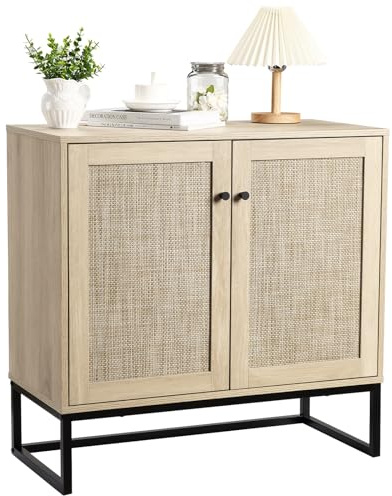 GarveeMore Rattan Sideboard Kommode Mit 2 Rattantüren, Küchenschrank Buffet Mit Verstellbare Einlegeböden, Beistellschrank Aus Holz, Aufbewahrungsschrank Für Küche, Wohnzimmer, 80x38x78cm