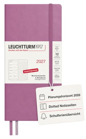 LEUCHTTURM1917 Wochenkalender 2027 Dotted Wallet (B6+ x A6) mit Notizbuch - Terminplaner Deutsch, Dusty Rose, Januar-Dezember 2027, Wochenübersicht links + Notizseite rechts