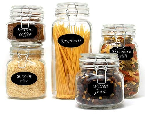Clip Top Glass Jars Set of 5 – Airtight Glass Food Storage Containers with Lids, Labels & Chalk Pen | For Pasta, Rice, Flour, Tea & Coffee | Kitchen Preserving Jars | Microwave & Dishwasher Safe | M&W