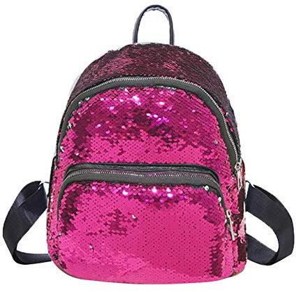 Zaino con Paillettes Stile Preppy Borsa da Viaggio Glitterata Borsa da Scuola Casual per Studenti (Rosa rossa)