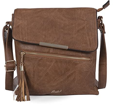 Mabel London - Damen Crossbody Handtaschen - Trendige Messenger Lange Schulterriemen Taschen in verschiedenen Stilen, Design 6 - Medium Tan, Medium