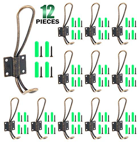 Keadic 12 Pack Heavy Duty Rustic Bronze Coat Hooks Kit with Screws and Expansion Screws Included, Wall Mounted Coat Hanger | Double Vintage Wall Hooks for Hanging Look (Bronze - 12 Pack)