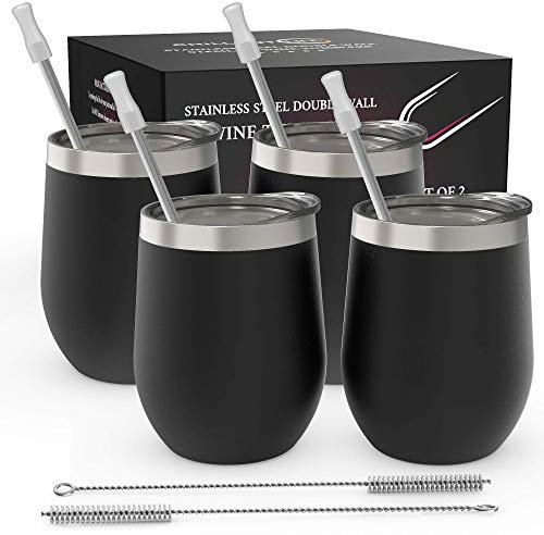 CHILLOUT LIFE Stainless Steel Wine Tumblers 4 Pack 12 oz - Double Wall Vacuum Insulated Wine Cups with Lids and Straws Set for Coffee, Wine, Cocktails - Powder Coated Black