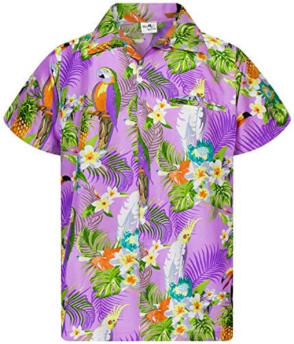 King Kameha Funky Hawaii-Hemd, Herren, Kurzarm, Parrot-Cockatoo, Hell-Violett, XL