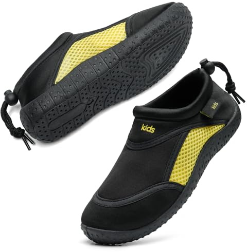 HKR Boys Beach Water Shoes Girls Swimming Kids Aqua Skin Shoes for Surf Pool Sea Sand Sports Barefoot Black/Yellow 11 UK Child