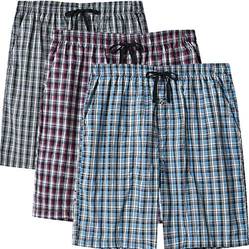 MoFiz Homme Bas de Pyjama Coton Shorts de Salon à Carreaux Léger Vêtements de Nuit Pantalons Courts avec Poches 3 Pack-D, XXL