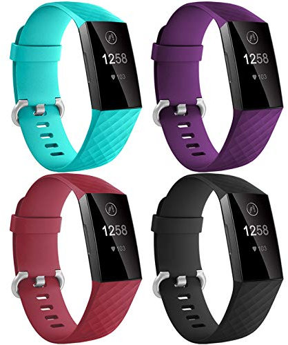 Dirrelo Compatible avec Fitbit Charge 3/Fitbit Charge 4 Bracelet pour Femmes Hommes, 4 Pack Étanche Remplacement de Silicone Réglable Sport Bracelets pour Charge 3/4/SE, Rouge+Teal+Noir+Prune S