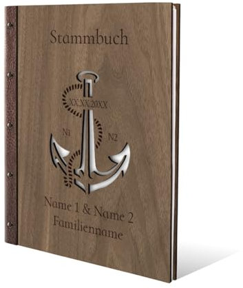 Stammbuch Gravur individuell Nussbaum Holz Cover lasergeschnitten mit Echtleder Rücken und Extras DIN A4 (240 x 310 mm) - Anker