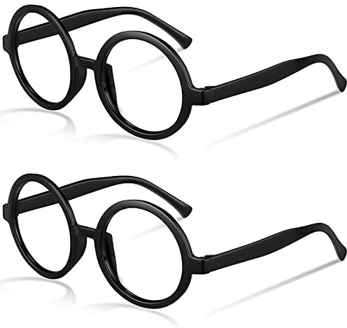 Fiada 2 Stücke Magier Runde Brille Linsenlos, Halloween Runde Schwarze Gläser Kunststoff Rahmen Brillen Kostüm Verkleidung Party Zubehör Schule Kostüm Cosplay Party für Junge Mädchen, Große Größe