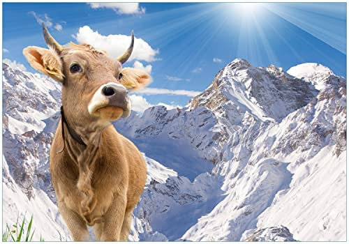 Wallario Vliestapete Fototapete Kuh im Sonnenschein in den Alpen - Wandtapete Größe: 200 x 140 cm