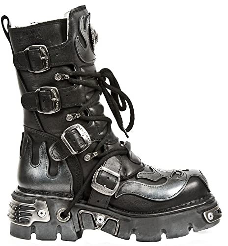 107-S2 Stivali in Pelle Nero/Argento con Fiamma Gothic Punk