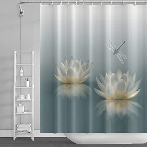 SDOTPMT 175x190cm Lotus Fleur Rideau de Douche Mignon Libellule Zen Spa Élégant Floral Spirituelle Méditation Étanche pour Salle de Bain avec Crochets