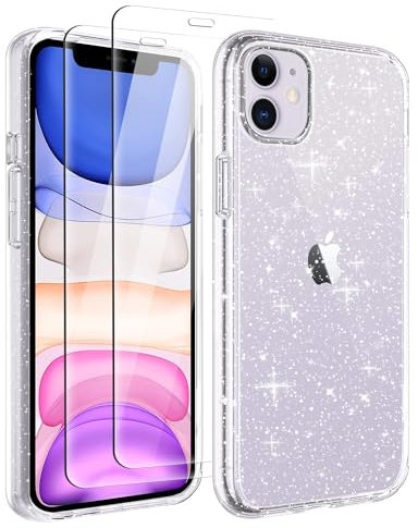 Tikgue Funda Compatible con iPhone 11 con 2 Unidades de Protector de Pantalla de Cristal Templado, Carcasa Transparente Glitter Brillante de Silicona TPU Anti-Choque Protectora
