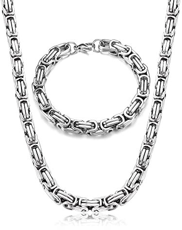 Roheafer Königskette Silber Herren Edelstahl 8mm Breite Halskette und Armband Set Dicke Schwere Bracelet Armkette Kette für Herren Länge 50-70cm