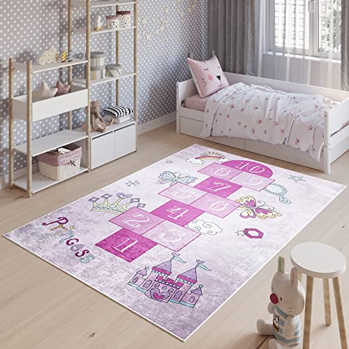TAPISO Emma Kinderteppich Rosa Zahlen Prinzessin Antirutsch 140 x 200 cm | Waschbar bei 30 Grad bedruckter Kinderteppich Kinderzimmer Jugendzimmer Modern OEKO-TEX