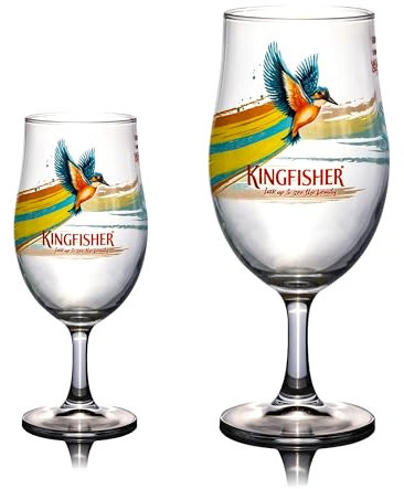 GarageBar | Kingfisher Glass | Nucleated Chalice Beer Glass | Official Merchandise | Comes with 2X Beer Drip Mats (1, Combo - Pint & Half Pint)