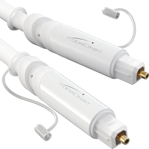KabelDirekt – Cable TOSLINK, óptico audio digital con 0% de pérdida de señal y tapa protectora – 2m – Cable fibra óptica (S/PDIF, sistema estéreo/barra de sonido, XBO/PS4, blanco)
