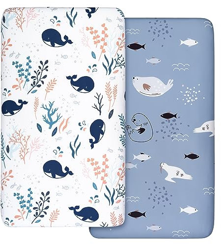 2 Stück Jersey Spannbetttuch für das Kinderbett, 100% Mikrofaser- Atmungsaktiv, 120 x 60cm Öko-text100 Gemütliche und leichte Baby Bassinet Laken, Passend für alle Bassinet Matratzenformen(Wale)