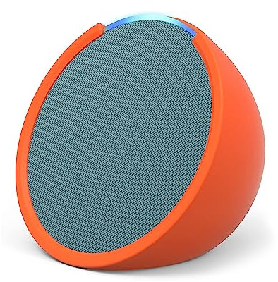 Echo Pop | Altavoz inteligente Bluetooth con Alexa de sonido potente y compacto | Verde azulado + funda blanda, Made for Amazon, para Echo Pop (modelo del 2023), Naranja
