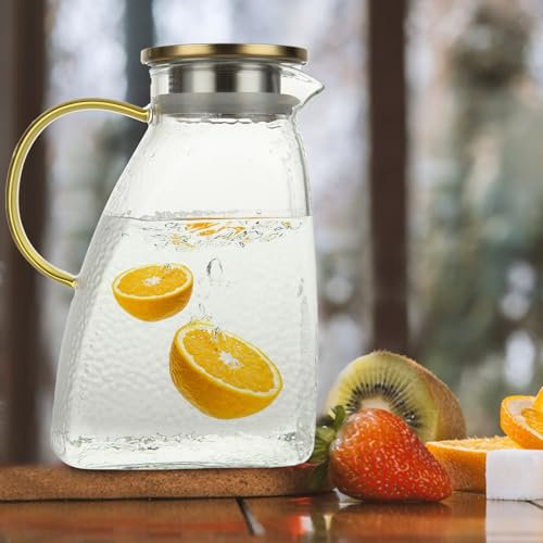WOPPLXY Water Pitcher - 1.8L/64oz Glass Water Jug for Fridge Door - Water Jug with Lid Glass Pitcher with Handles - Clear Glass Fridge Jug for Ice Tea Coffee Juice