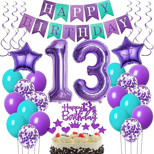 Deko 13. Geburtstag Mädchen, Luftballons 13 Geburtstag deko Mädchen lila, Geburtstagsdeko 13 Jahre Mädchen Dekoration, Ballon 13. Geburtstag Mädchen lila Tortendeko 13. Geburtstag deko Mädchen
