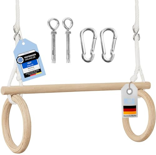 MOAS SHOP® Trapez Schaukel - Turnringe Kinder, Buchenholz, Verstellbare Seillänge, 50 kg Kapazität - Indoor & Outdoor Spielspaß, Trapez, Schaukel Kinder, Trapez Schaukel Outdoor