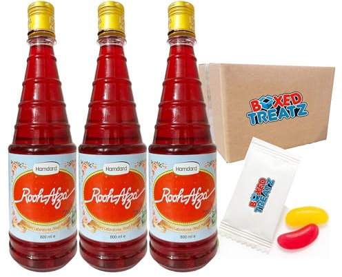 Rooh Afza 3 X 800ml - Rose Syrup - Gives The Body Vigor, Vitality & Freshness, Boxed Treatz