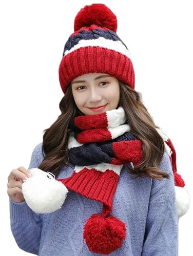 KATIAK Wintermütze Schal Handschuh-Sets Damen Warme Winter Strickmütze Mütze Hut Schal Handschuhe Dreiteiliges Set-A-Rot