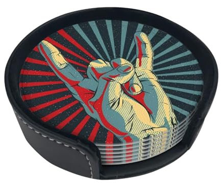 Rock And Roll Lot de 6 dessous de verre ronds en cuir avec boîte de rangement pour restaurant, cuisine, bureau, bar