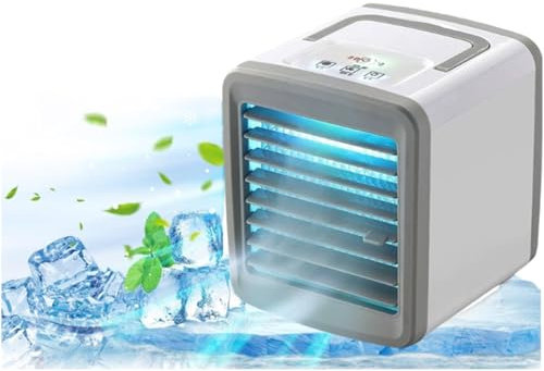 Mini Air Conditioner, Small Desk Fan,USB Fan Cooler and Humidifier, 2 Wind Speed & Spray Modes & LED Light Evaporative Air Cooler for Bedroom Office Indoor,with Handle for Easy Portability