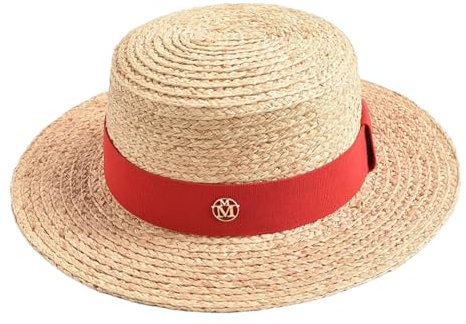 Sombrero de verano para mujer, de paja natural, con lazo, parte superior plana, para viajes, playa, Sombrero de cinta roja, 6 7/8 / 7 1/8