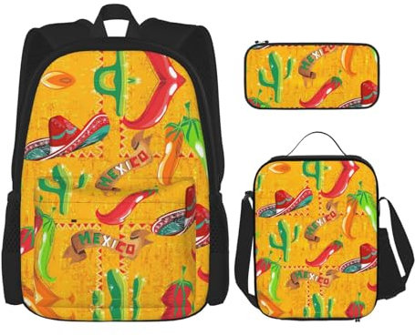 Kaktus-Hut und Chili-Pfeffer, abstrakte Wissenschaft, Illustration, 3D-Druck, 3-teilig, lässiger Rucksack mit Lunchbox, verstellbarer Unisex-Rucksack, Reise-Laptop-Rucksack, Kaktus-Hut und Chili-Pfeff