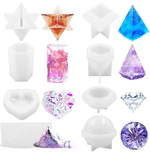 SNAIL GARDEN Silicone Moulds for Resin,8pcs 3D Epoxy Resin Molds,DIY Craft Silicone Molds with Heart, Star, Pyramid, Diamond, Square, Round for Home Decoration,Flowers Preservation, Making Candle,Soap