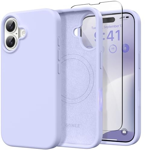 GONEZ für iPhone 16 Hülle Silikon 6,1 Zoll & Displayschutz, [MagSafe-kompatibel] dünne Handyhülle aus Flüssigsilikon, Kratzfeste und stoßfeste, Mikrofaserfutter Schutz Case, Flieder