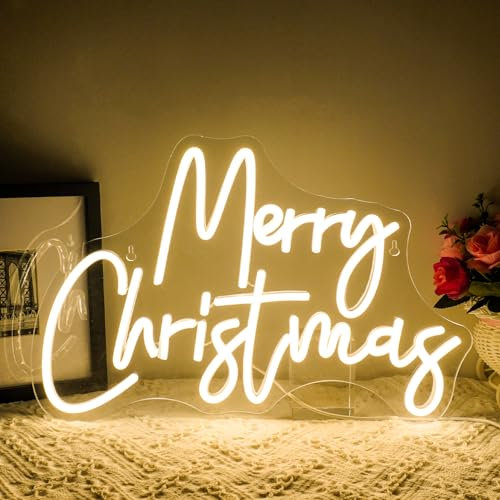 ineonlife Merry Christmas Neon Sign, Warm White LED Neon Light for Wall Decor, Dimmable USB Light Up Signs for Home Bar Living Room Bedroom Christmas Party Coffee Shop Window Chrismas Decorations