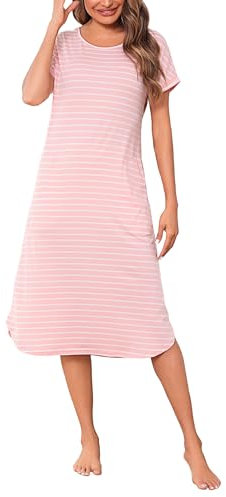 Litherday Chemise de Nuit Femme Longues Coton Robe de Nuit Col Rond Manches Courtes Nuisette avec Poches Rayé Vêtement de Nuit