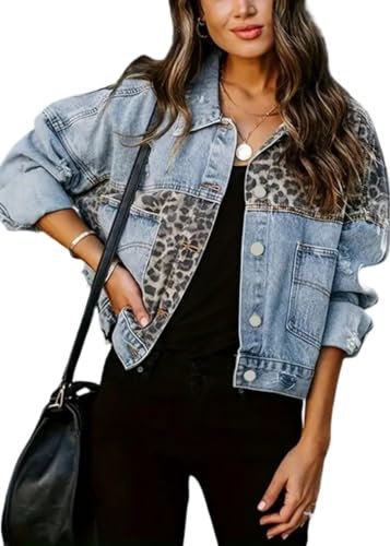 SWOAMER Damen Vintage Jeansjacke Leopard Denim Jacke Western Fall Übergangsjacke mit Tasche Button Down Streetwear Freizeitjacke Blau XXL