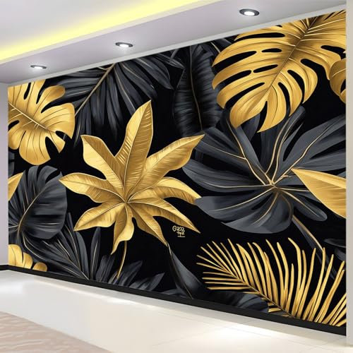 Papier Peint Panoramique 200 x 140 cm Feuilles tropicales dorées et noires Papier Peint intissé Poster Tableaux Muraux Tapisserie Photo Trompe l'oeil pour Chambre Salon Décoration Murale