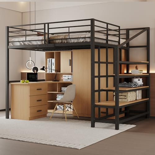 WIZBED Hochbett 140x200, Metallbett Eisenbett mit Lattenrost, Sicherheitsleiter mit Ablagefläche, Kinderbett, Stockbett Funktionsbett, Jugendbett, ohne Matratze (schwarz B, 140x200)