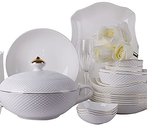 56 Pieces Dinner Set, White Porcelain Fine Bone China Home Kitchen Serving Dinnerware Set with Cereal Bowls Plates Dishes Soup Pot with Gold Rim Service Microwave and Oven Safe