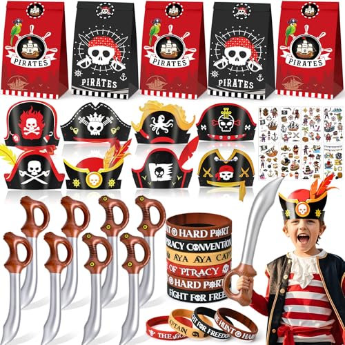Piraten Mitgebsel Kindergeburtstag Gastgeschenke Junge mit Piratenhut Aufblasbares Spielzeug Geschenktüten Tattoo Sticker Armbänder Party Zubehör Pinata Füllung Give Aways Mitbringsel Kindergeburtstag