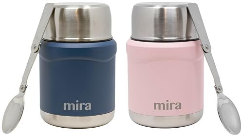 MIRA 2-Pack Food Thermo Set (15 oz) for hot and cold foods - Insulated Stainless Steel Containers with Spoons - Hawaiian Blue & Rose Pink