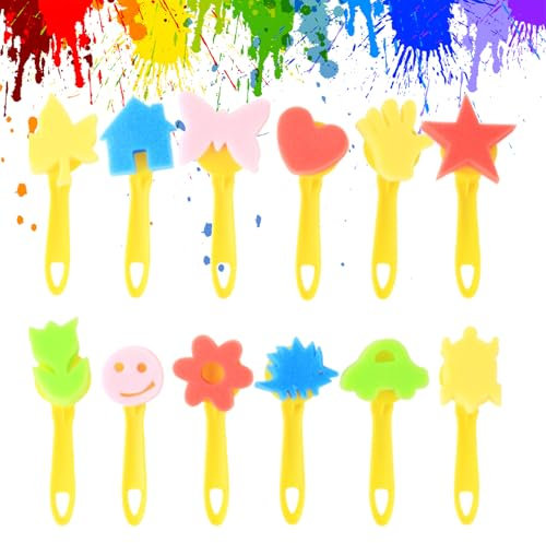 Lot de 12 pinceaux à peinture en mousse réutilisables avec poignée, éponges, tampons de peinture, pinceaux en mousse, jouets de bricolage pour enfants, arts et artisanat, pinceaux à peinture, éponge,