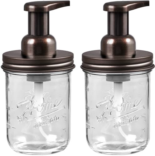SheeChung Mason Jar Foaming Soap Dispenser, Hand Foam Soap Dispensers- Rustproof Stainless Steel Lid & Pump, Glass Foaming Soap Dispenser for Bathroom Kitchen Sink Countertops, Brown (2 Pack)