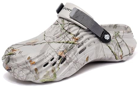 MEIAGDT Mens Garden Clogs Outdoor Slip on Mules Non Slip Waterproof Lightweight Summer Water Shower Sandals with Adjustable Back Strap for Home Beach Camping - Tree Design Grey-42