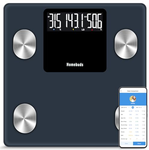 Homebuds 250kg Smarte Personenwaage, Hohe Präzision in 0,05kg Professionelle Waage Personen Fabrik SEIT 2001, Kostenlose App-Synchronisierung 13 Körperzusammensetzung mit BMI und Körperfett, Grau