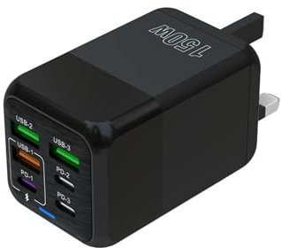 USB Plug Charger, 150W 6-Port Multi Charging Power Adapter with PD 25W Power Adapter QC 3.0 Fast Charging Plug for iPhone Android (black)